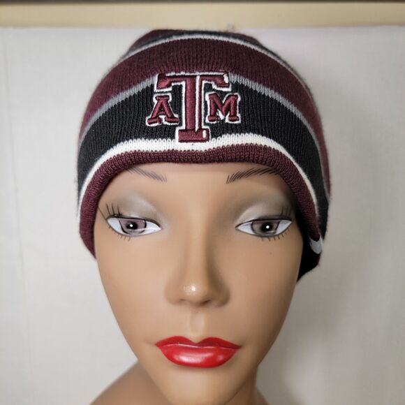 Texas A&M Aggies Reversable Black White & Maroon Stripe Knit Unisex Beanie - Picture 2 of 11